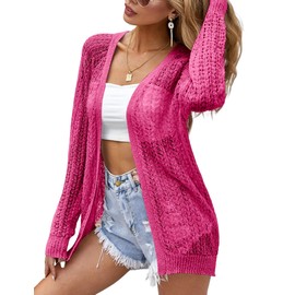 Women Crochet Lightweight Cardigan Long Sleeve Open Front Summer Cardigan Sweater Hot Pink
