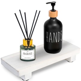 Acacia Pedestal Soap Stand 9.8x4 Inches, 100% Solid Wood Riser, Rustic White Bathroom Tray, Farmhouse Stand Decor, Display Rectangular Holder for Kitchen Bathroom Counter Sink Decor (Rustic White)