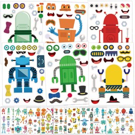 Qpout 24 Sheets Make a Robot Sticker and 10 Sheets Robot Tattoo Stickers for Children, Make Your Own Stickers Make a Face Sticker Robot Temporary Tattoos