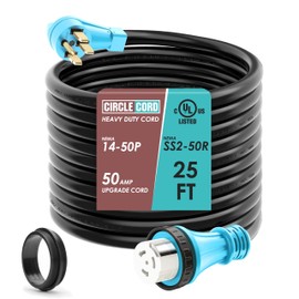 CircleCord UL Listed 50 Amp 25 Feet RV/Generator Cord with Locking Connector, Heavy Duty 6/3+8/1 Gauge STW Wire, 14-50P Male and SS2-50R Twist Locking Female for RV Camper and Generator to House