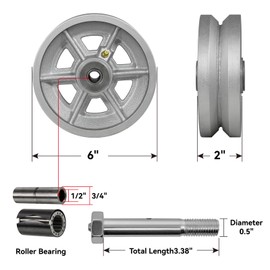 LONGRUNFORU 6" X 2" Sliding Gate Wheels, Cast Iron V Groove Wheel with Roller Bearing-1000 lbs Capacity, Rolling Gate Wheels, Sliding Gate Casters, Gate Wheels for Metal Tube Gate, Silver（2 Pack）