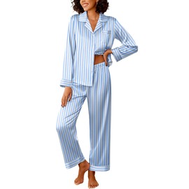 Ekouaer Womens Silk Satin Pajama Sets 2 Piece Sleepwear Pjs Set Long Sleeve Button Down Top and Pants Stripe Loungewear,XXL