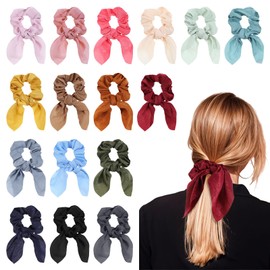 16PCS Bow Hair Scrunchie Solid Silk Bunny Ears Scrunchies Elastic Hair Ties with Bow Ropes Ponytail Holder Satin Hairstyle Accessories Holiday Gifts for Women Girls（16 Colors）