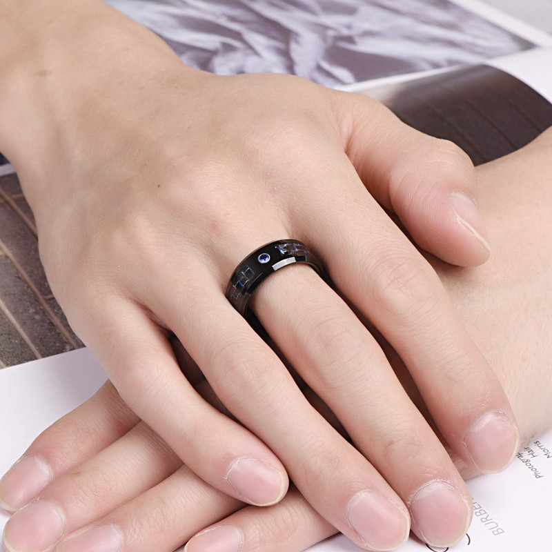 8mm Mens Balck and Blue Carbon Fiber Tungsten Rings Blue