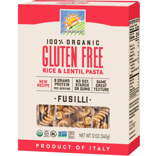 Bionaturae Fusilli Pasta Noodles - Gluten Free Pasta Organic, Rice & Lentil Pasta, Kosher Certified, High Protein, Non-GMO, Fusilli Pasta Organic, Crafted in Italy - 12 Oz, 12 Pack