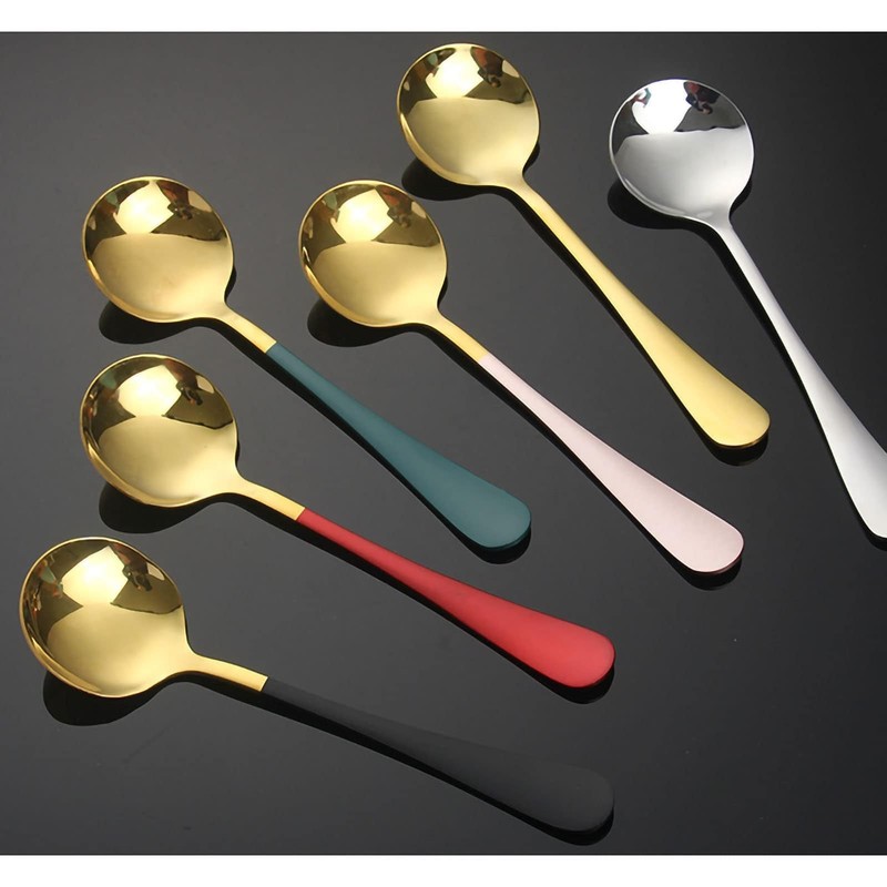 Round Head Soup Spoons, 2Pcs Metal Korean Spoon Stainless Steel
