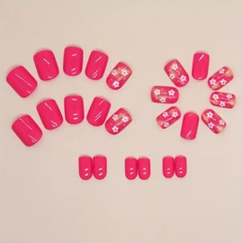 Short Press on Nails Square Fake Nails Acrylic Nails Press ons Glossy Glue on Nails Cute False Nails with Flower Designs Pink Full Cover Spring Summer Stick on Nails for Women 24Pcs
