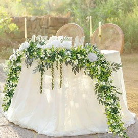 6FT Eucalyptus Garland with Flowers, 8 Pack Artificial Greenery Garland Hanging Faux Eucalyptus Garland Suitable for Table Wedding Backdrop Arch Wall Party UV Protected Indoor Outdoor Decor