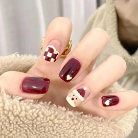 24Pcs Christmas False Nails Burgundy Red Short Square Press on Nails Cute Santa Pattern Burgundy Red Fake Nails Checkerboard Acrylic Full Cover Stick on Nails for Christmas Nail Art Accessories