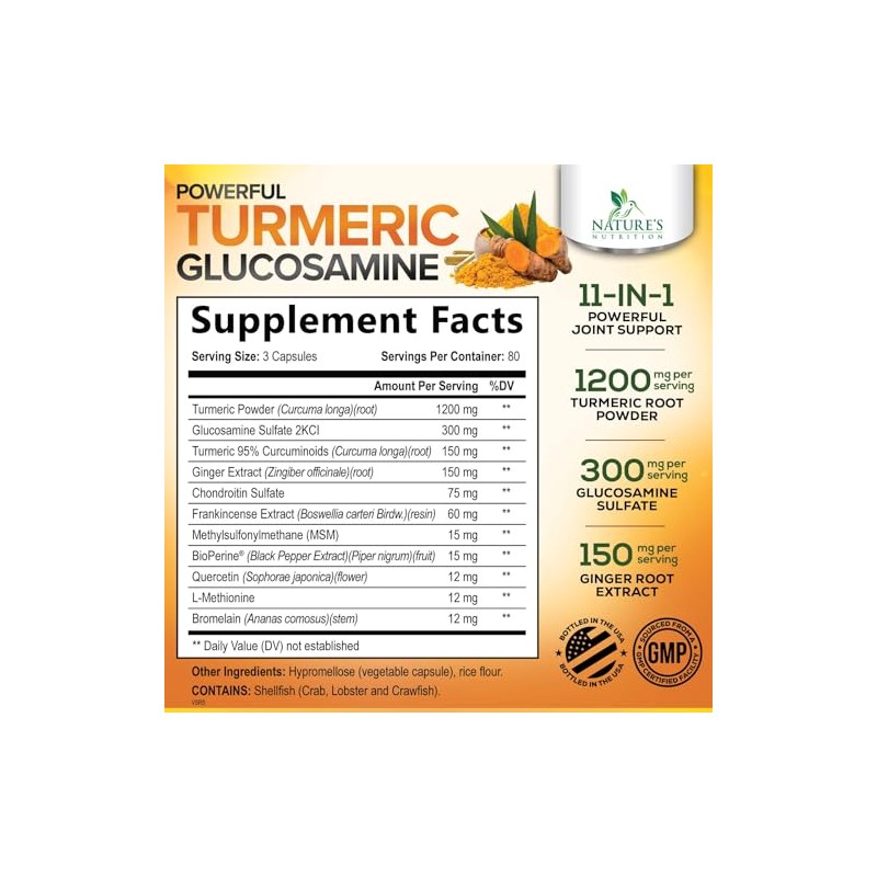 Turmeric Curcumin Supplement - 95% Curcuminoids with Glucosamine, Ginger &