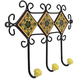 GURU SHOP Triple Coat Hooks, Boho Wall Hooks with Tiles, Vintage Coat Hooks, Towel Holder - Model 14, Yellow, 21 x 28 x 6 cm, Wall Hooks Made of Wood, Metal and Ceramic