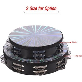 Pandereta de Mano de 8 Pulgadas,Tambourine con cascabeles de doble fila cabezal de tambor reflectante instrumento de percusión Musical