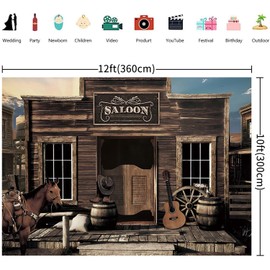 3.6 x 3 m Photo Background Western Cowboy Vintage West Saloon Wooden House Barn Door Retro Horse Wheel Country Photography Background Baby Shower Western Birthday Party Decorations Photo Studio Props