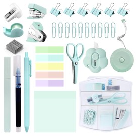 Mini Office Supply Kit, Teal Mini Stapler with Staples and Tape Dispenser Set, Mini Stationary Kit Includes Sticky Notes Index Tabs Highlighters Gel Pens for Office & School Annotating Books (Teal)