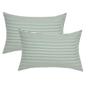 JELLYMONI 100% Natural Cotton Striped Queen Pillowcases Set, 2 Pack White and Green Stripes Pattern Printed Pillow Covers with Envelope Closure(Pillows are not Included)