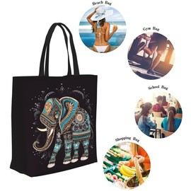 Famame Mandala Tribe Elephant Canvas Tote Bag - Large Women's Casual Shoulder Handbag - Reusable Multipurpose Shopping Grocery Bag for Outdoors