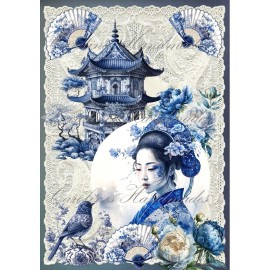 ELECTRIC QUILT COMPANY Asian Lady In Blue & White Designer Cotton Fabric Quilt Block Multi-sizes - 7X10"