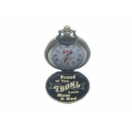 Pinnacle Awards “Proud of You Son Love Mom & Dad” Engraved Canadian Railway Pocket Watch – Antique Brass, Japanese Quartz, 24 Hour Dial with Maple Leaf, Gift Boxed Cowboy Chain