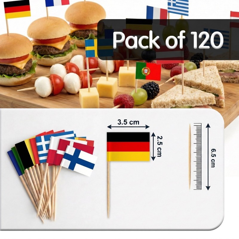 120Pcs EU Countries Flag Cocktail Picks - Bamboo Toothpicks for