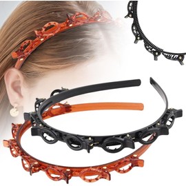 Walquicks Diadema Tejida Hueca con Clips, Herramienta de Clip de Pelo Trenzado, Mmoda Trenzada de Doble Capa Trenzada para El Pelo, Herramientas para El Pelo, Accesorios de Moda para Mujeres y Niñas(Negro y café, 2)