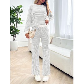 Tankaneo Womens Fall 2 Piece Outfits Striped Long Sleeve Sweatshirt Drawstring Pants Matching Set Tracksuit Light Grey