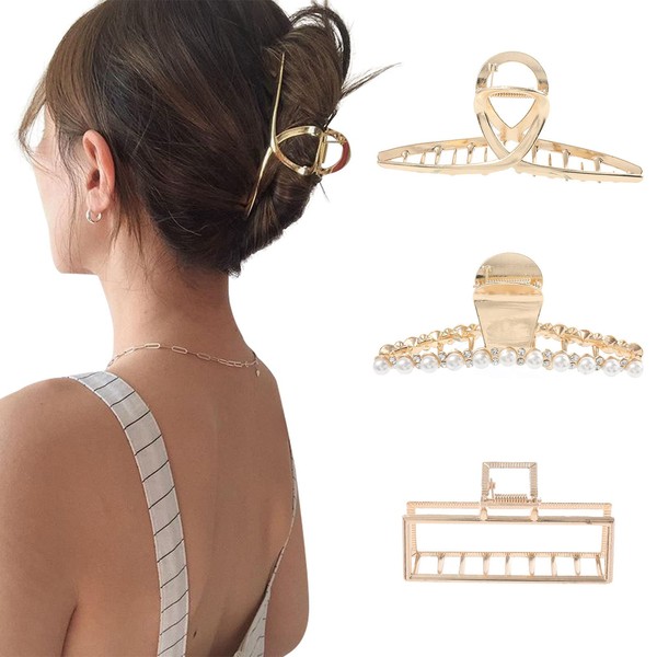 Claw Hair Jaw Clips Barrettes - 3 Pcs Tortoise Acrylic Claw Clip Hair Clamp Grips for Women Girls Jaw Clips Clamp Barrettes (Geometric metal(Gold))