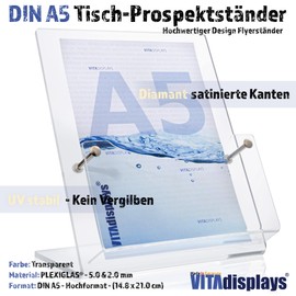 DIN A5 Design Table Brochure Stand "Deluxe" – High-Quality Flyer Stand Made of Original Plexiglas, Brochure Holder as Stable A5 Flyer Holder with Diamond-Satined Edges – Made in Germany