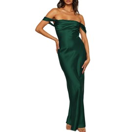 Realtix Elegant Satin Off The Shoulder Ruched Backless Maxi Dress for Women Strapless Tube Sleeveless Fitted Bridesmaid Dress Deep Green