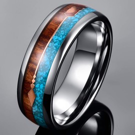 Vakki Rose Gold Arrow Tungsten Ring for Men Koa Wood and Turquoise Inlay 8mm Silver Wedding Band Size 7-12, 8, Tungsten Carbide, wood