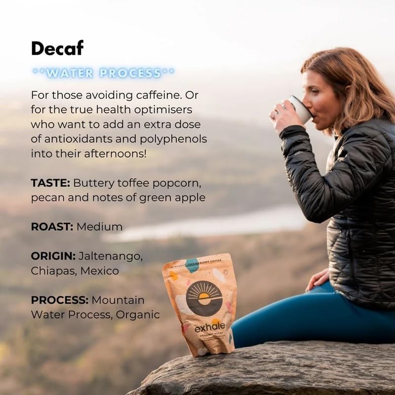 EXHALE Organic Chemical-Free Wholebean Decaf Coffee 225G - Mycotoxin Free