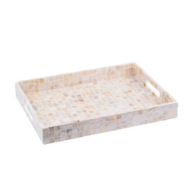 PEMAR Rectangular Mother of Pearl Serving Tray Nacre Wood Lap Ottoman Tray for Coffee Table, Luxury Decorative Handmade Eating Platters w Insert Handles (White Cream)