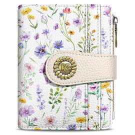 Kelvoris Flowers Floral Small Rfid Women Wallet Bifold Zipper Coin Pocket PU Leather Compact Cash Credit Card Holder Travel Wallet for Female Ladies Teen Girls 1 ID Window 10 Card Slots