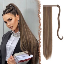 FESHFEN Long Straight Ponytail Extensions Wrap Around Clip in Synthetic Ponytails Hair Piece Pony Tails Extensions Hairpieces for Women 28 Inch Golden Brown Mixed Blonde
