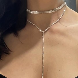 Inateannal Wide Rhinestone Choker Necklace Sparkly Crystal Tennis Chain Necklace Long Rhinestone Y Drop Necklaces Gold Tennis Y Lariat Chain Wedding Jewelry for Women