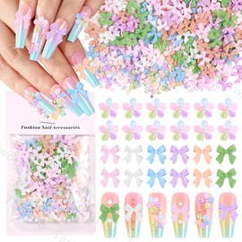 300 Pcs 3D Flower Nail Charms, Color Flowers for Nails Bows Bowknots Nail Charm and Gems, Petal Flower Bow Tie Charms for Acrylic Nails Art DIY Designs Accessories