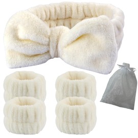Felizia Face Wash [5-piece Set with Pouch] Hair Band, Wristband, Face Wash, Sleeve Wet, Prevents Wet Sleeves, Water Absorbent, Wrist Makeup, Makeup, Housework, Bath, Fluffy, Soft, Microfiber