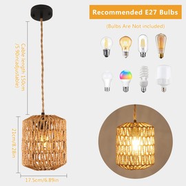 Rattan Pendant Light, Dining Table Lamp, Hanging Lamp, Boho Hanging Lampshade, Rattan E27 Max. 60 W for Bedroom, Living Room, Kitchen, Hallway, Brown