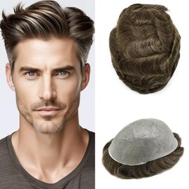 RESHE Mens Toupee Ultra Thin Skin Toupee for Men Human Hair Replacement Systems All PU V-Looped Man Hair Piece Indian Human Hair Units 8"X10" #410 4# MEDIUM BROWN WITH 10% SYNTHETIC GREY