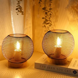 JHY DESIGN Set of 2 Table Lamp Metal Mesh Modern Battery Powered with 6-Hours Timer Feature 7.5''High Decorative Cordless Lamp for Balcony Indoor Table Garden Party Home(Circular,with Wooden Base)
