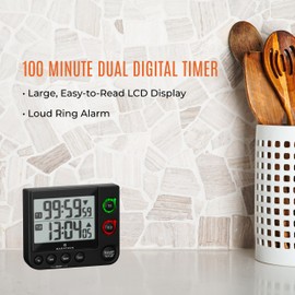 Marathon 100 Hour Dual Digital Timer, Black - Large, Easy-to-Read LCD Display - Loud Ring Alarm - 2 AAA Batteries Included