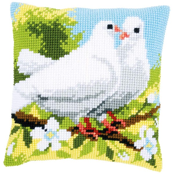 Vervaco Cross Stitch Kit: Cushion: White Pigeons, Cotton, Multicoloured, 40 x 40 x 0,3 cm