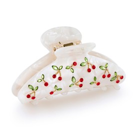 WOWORAMA Cute Hair Claw Clips for Women White Cherry Hairs Clip with Rhinestones 3.5" Medium Claw Clip Non-Slip Hairs Jaw Clips for Thick Fine Hair