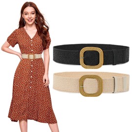 SUOSDEY Pack of 2 Straw Woven Elastic Stretch Waist Belt for Women Summer Boho Wide Waist Dress Band Braided Belt, E.Black + Beige