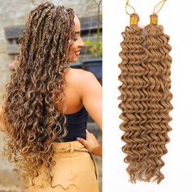 Deep Wave Crochet Hair 18 Inch 2 packs Long Curly Braiding Hair Extensions Ocean Wave Crochet Hair For Black Women Synthetic Ocean Wave Curly Crochet Hair For Boho Box Braids (#27, 18inch, 2pack)