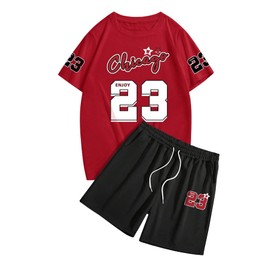 VIPWOLF - Conjunto de 2 piezas para hombre, diseño de letras con números y pantalones cortos para correr en la cintura con cordón, Rojo y Negro, Medium