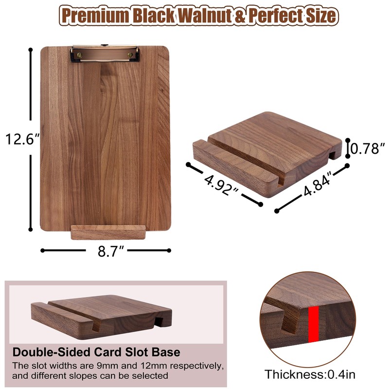 Walnut Wood Clipboard, Menu Clip Board with Metal Clip and
