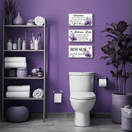 DONFENTHY 3-Piece Bathroom Decor - Purple Flower Bathroom Rules Signs - Rustic Farmhouse Wooden Signs for Toilet Wall Decor (10x5 Inch)