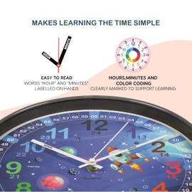 Kiddus Children's Wall Clock Analogue Time Teacher with Time Learning Exercises Silent Clock Many Languages Español XL Galaxy
