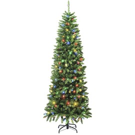 Artificial Prelit Pencil Christmas Tree with Stand,Multicolor Lights,Decorated for Home Holiday Party,6FT