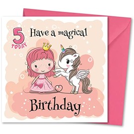 Birthday Card for Girl Age 5. Girls Birthday Card with Matching Envelope. Girl with Unicorn design. Card size 148x148mm. Eco-friendly. Message inside. Printed and Packed in UK.